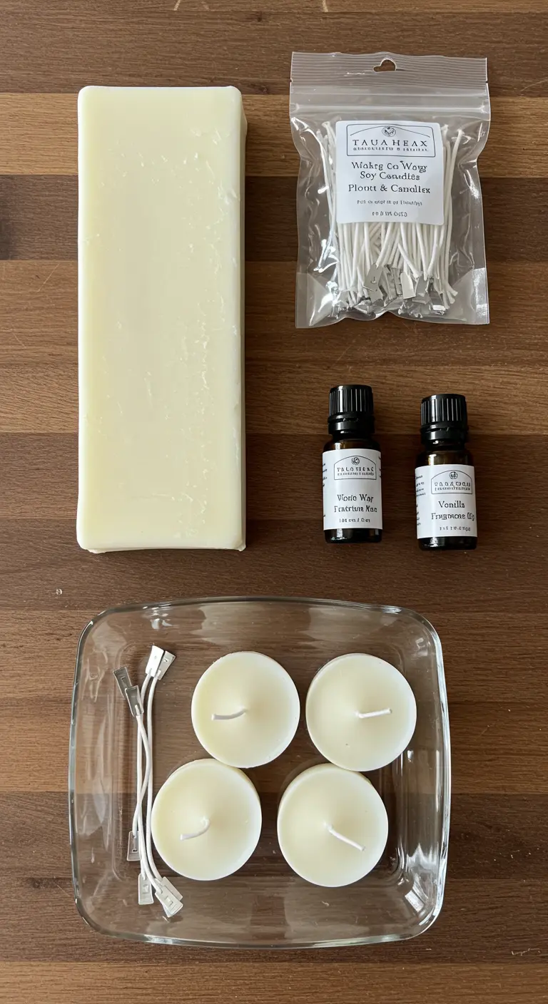 Kit de materiales para hacer velas flotantes caseras: cera de soja, mechas y aceites esenciales.