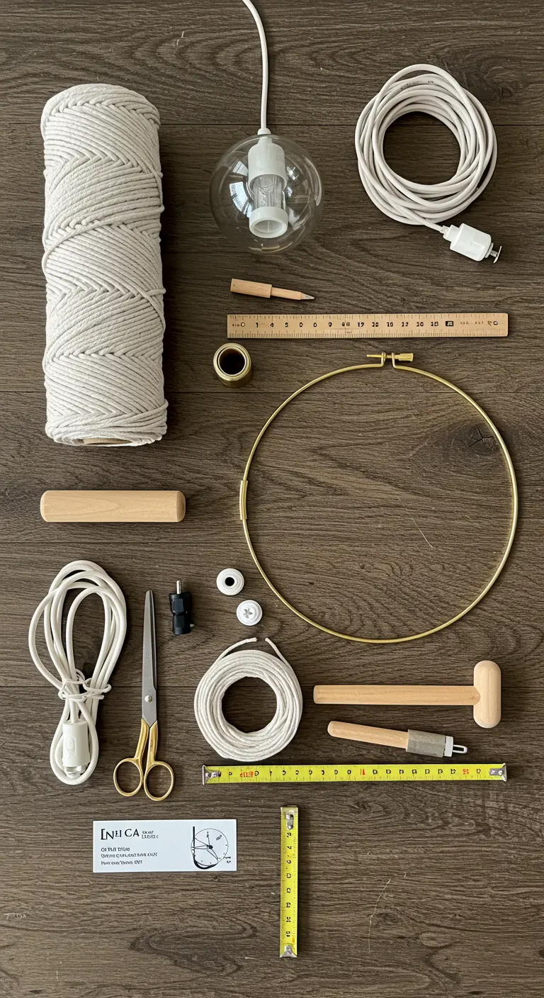 Materiales para un proyecto de lámpara de macramé extendidos sobre una mesa de madera.
