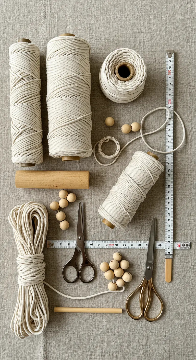 Composición de materiales de macramé sobre una superficie de tela: cuerdas, soportes, cuentas y tijeras.