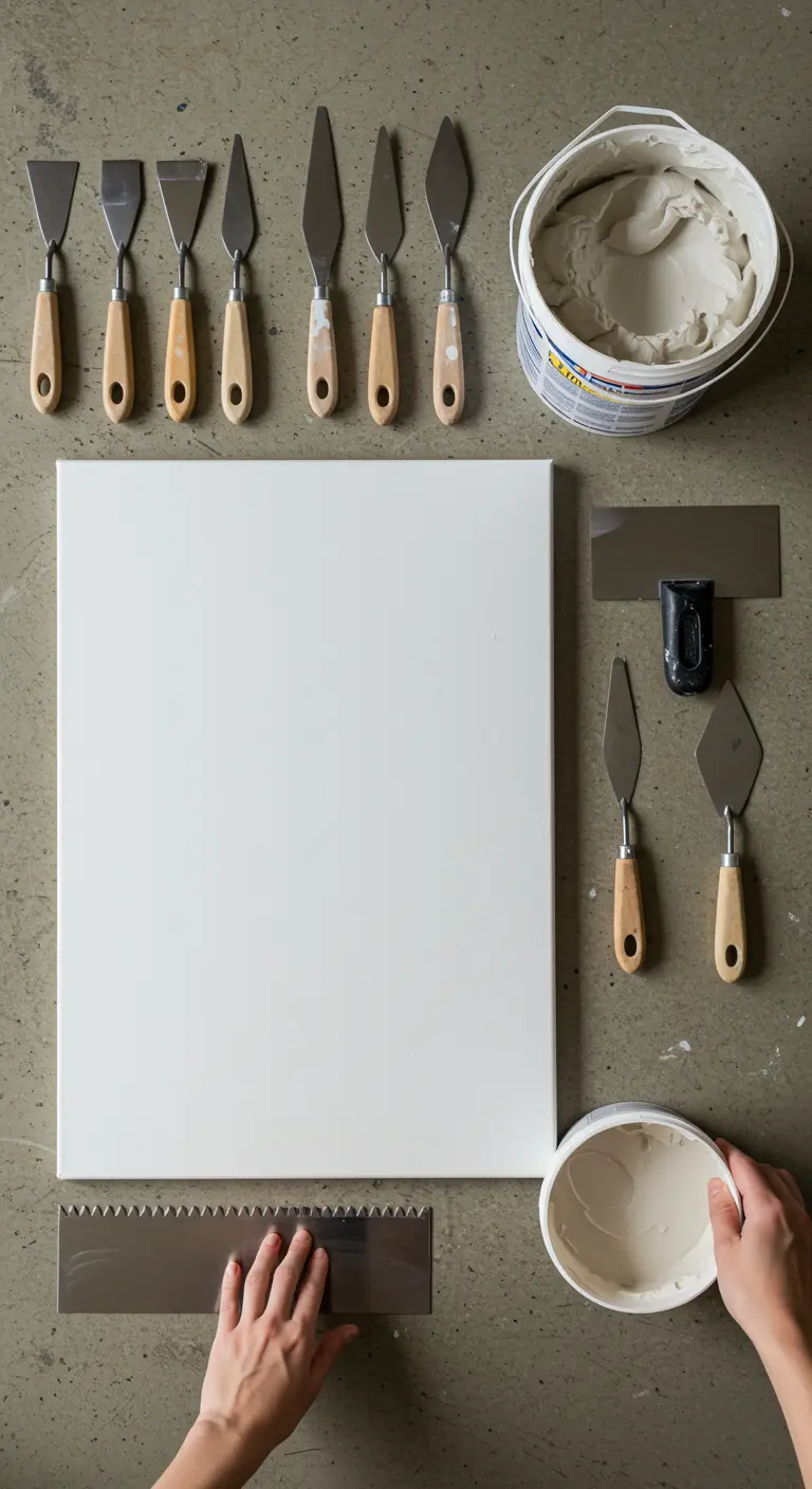 Materiales para crear cuadros con relieve: lienzo, masilla y espátulas