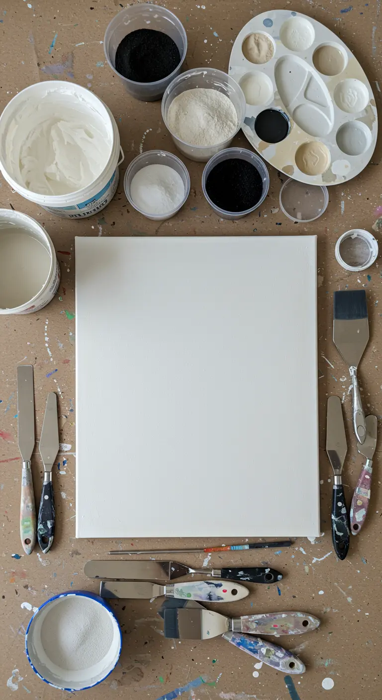Mesa de trabajo con un lienzo en blanco, espátulas, botes de yeso, arena y pinturas