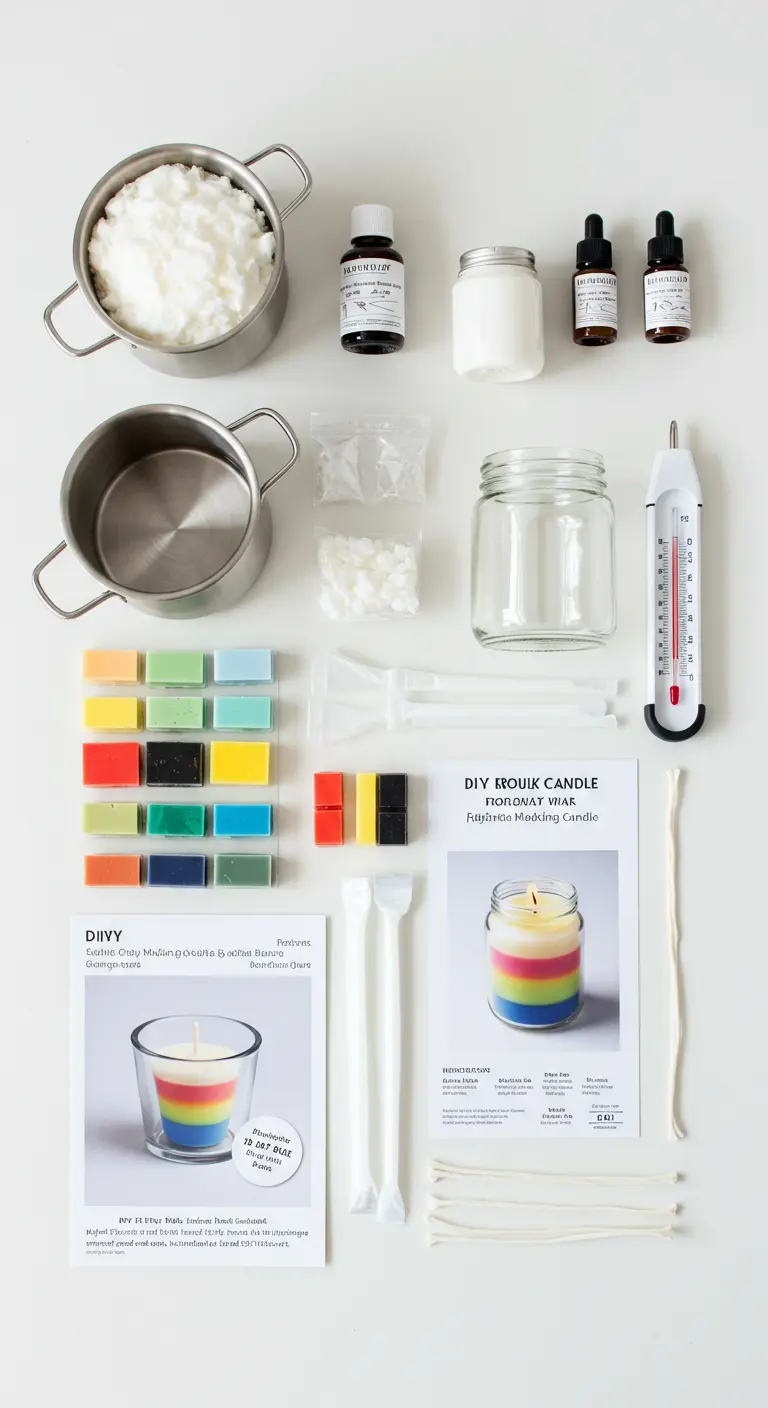Kit completo para hacer velas DIY sobre una superficie blanca, con cera, colorantes y frascos.