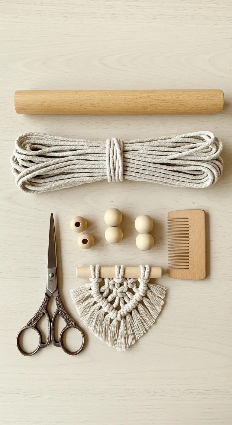 Materiales para hacer macramé: cuerda, varilla, tijeras, cuentas y peine sobre una mesa.