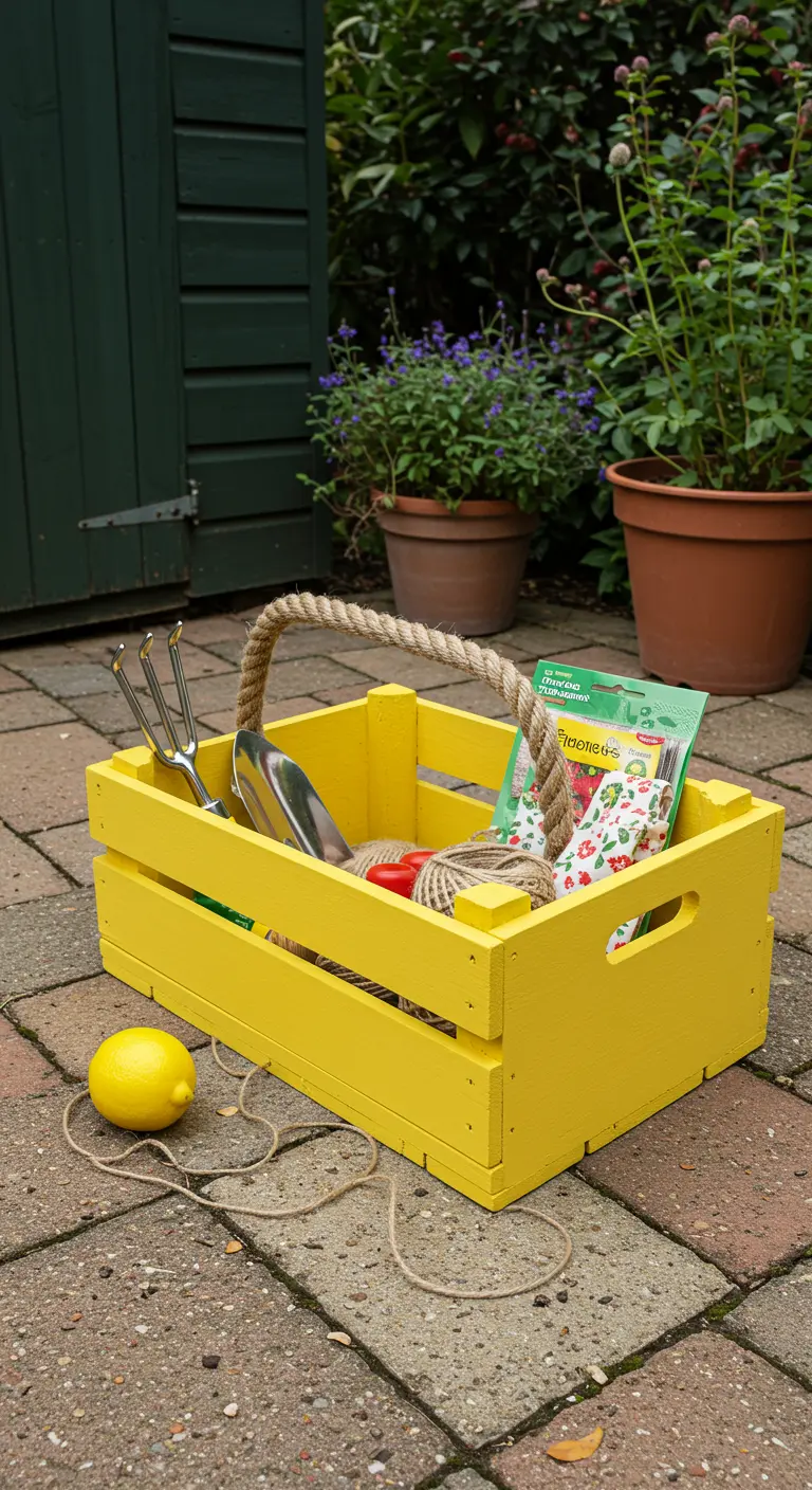 Caja de herramientas de jardinería hecha con una caja de madera amarilla y un asa de cuerda.