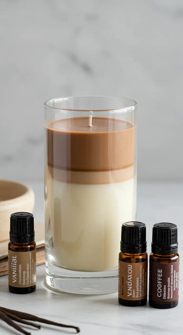 Vela con capas de color café y blanco en un vaso alto, simulando un café latte