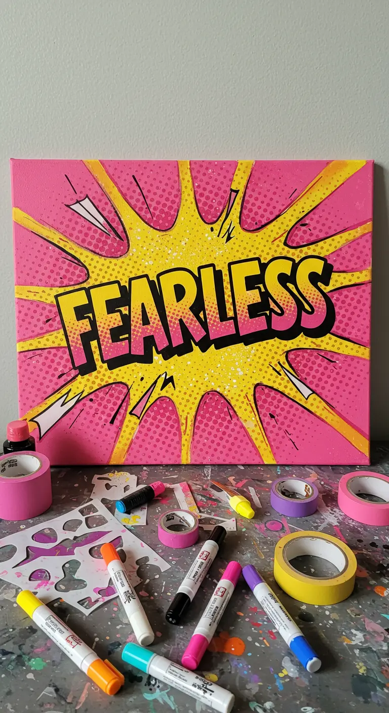 Lienzo de estilo pop-art con la palabra 'FEARLESS' sobre una explosión de cómic.