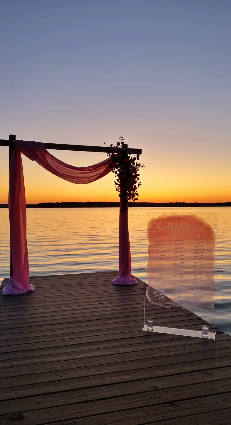 Seating chart de metacrilato transparente en un muelle durante la puesta de sol.
