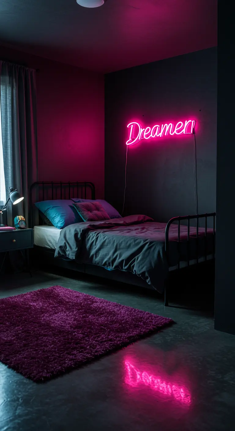 Dormitorio oscuro con una cama y un letrero de neón rosa que dice 'Dreamer' en la pared.