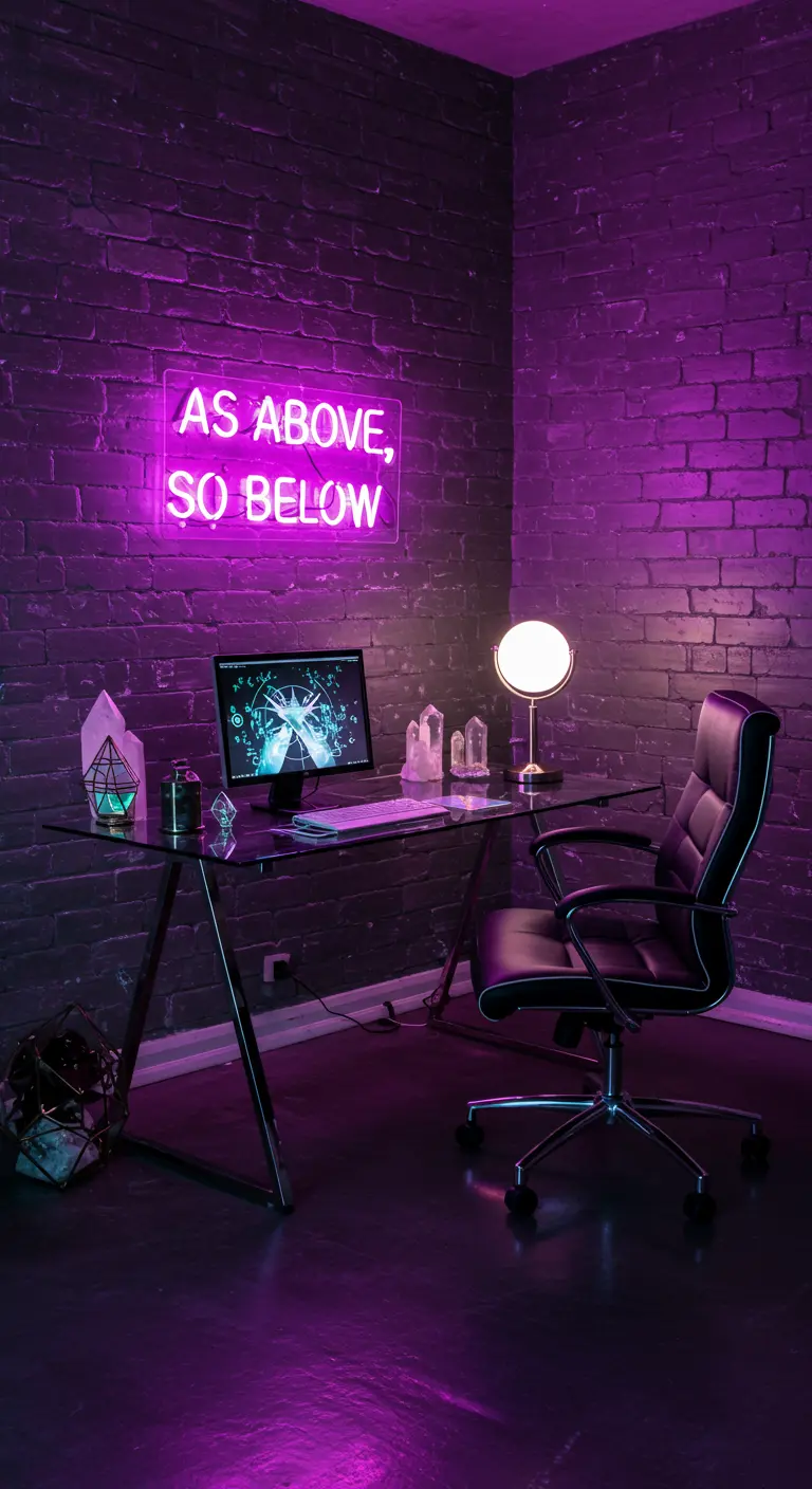 Rincón de tarot moderno con pared de ladrillo, un letrero de neón morado y un escritorio de cristal.