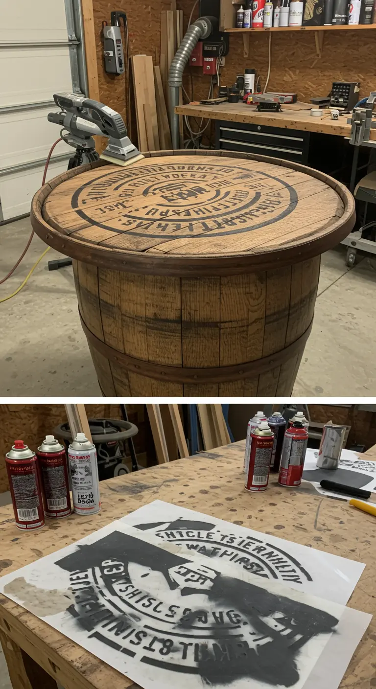 Tapa de barril siendo personalizada con una plantilla y pintura en spray para crear un logo
