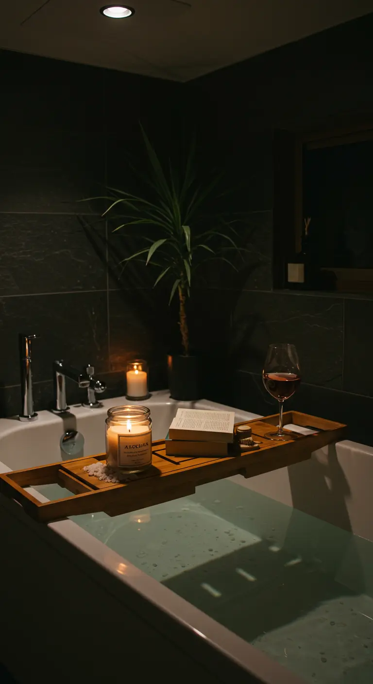 Bandeja de bambú sobre una bañera con un libro, una vela y una copa de vino.