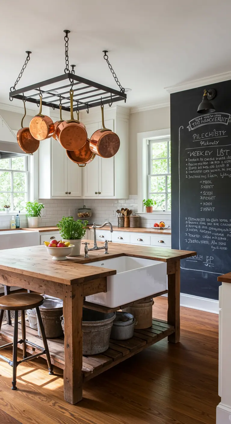Cocina rústica con isla de madera y una gran pared de pizarra con el menú semanal escrito a mano.