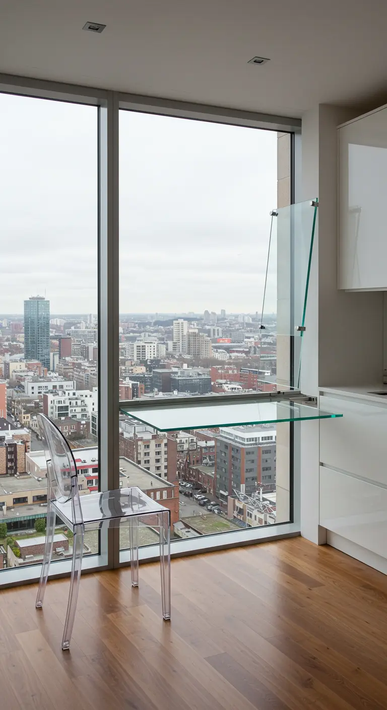 Mesa plegable de cristal transparente montada frente a un gran ventanal con vistas a la ciudad.