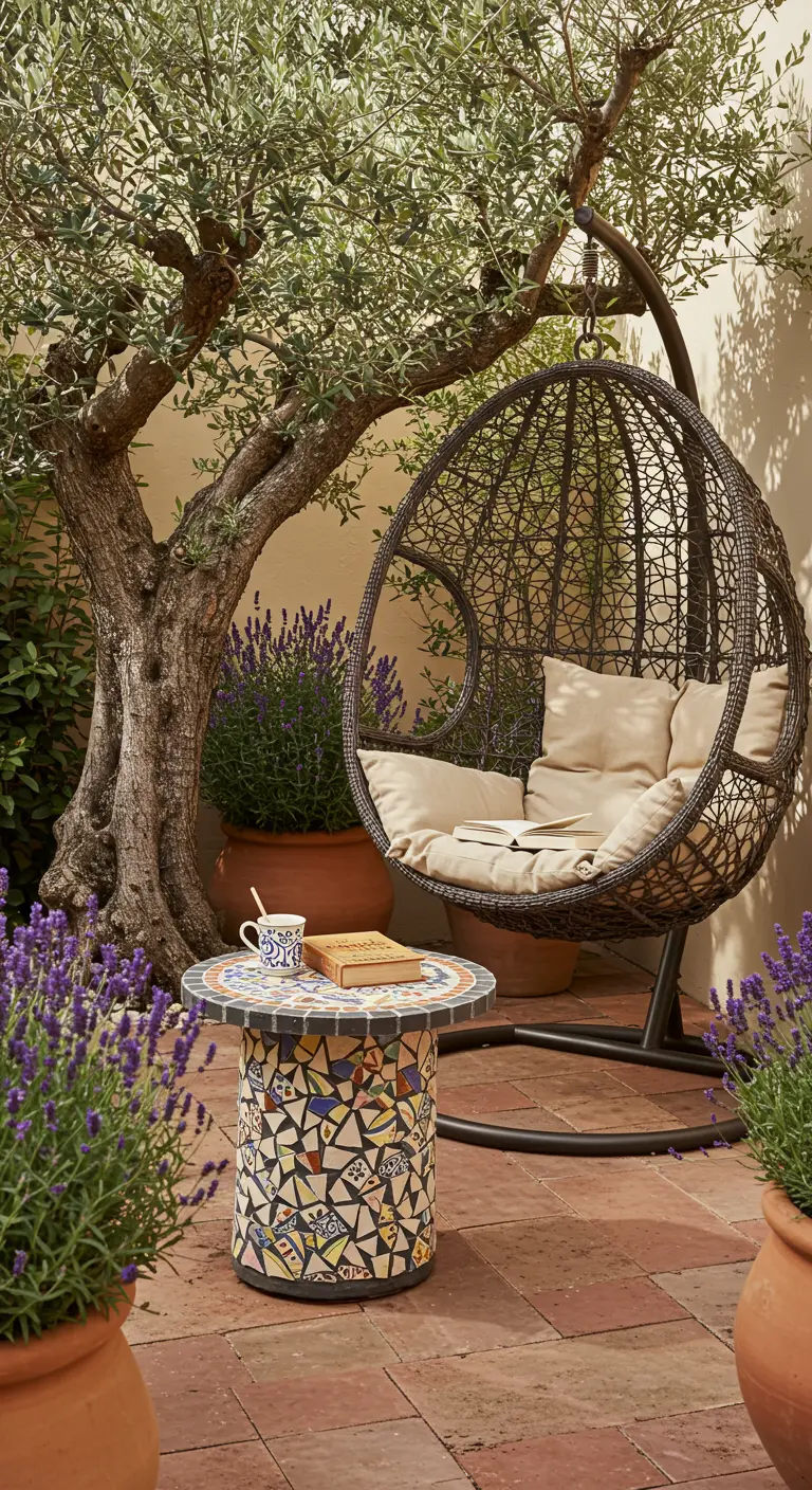 Rincón de lectura con una silla colgante y una mesita redonda con un mosaico de azulejos rotos.