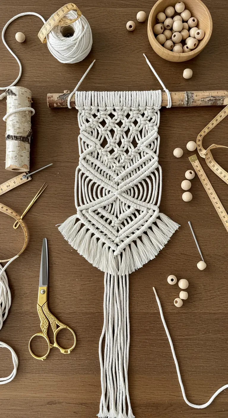 Mesa de trabajo con materiales para hacer macramé: cuerda, cuentas, tijeras doradas y un tapiz en proceso.