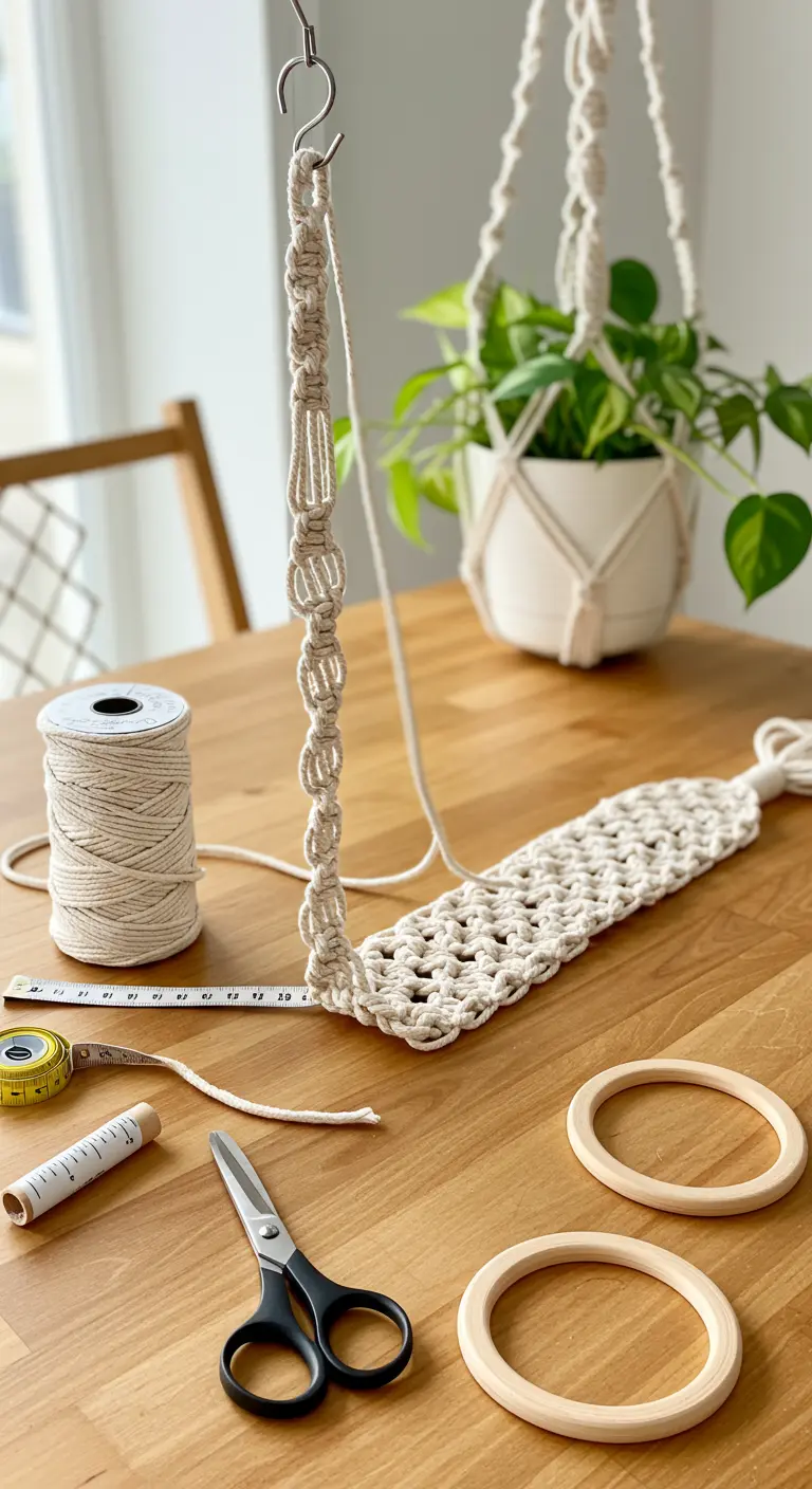 Mesa de trabajo con materiales para hacer macramé: rollo de cuerda, tijeras, cinta métrica y aros de madera.