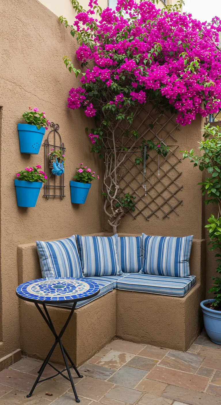Rincón de patio con un banco de obra, cojines a rayas y una pequeña mesa de mosaico azul.