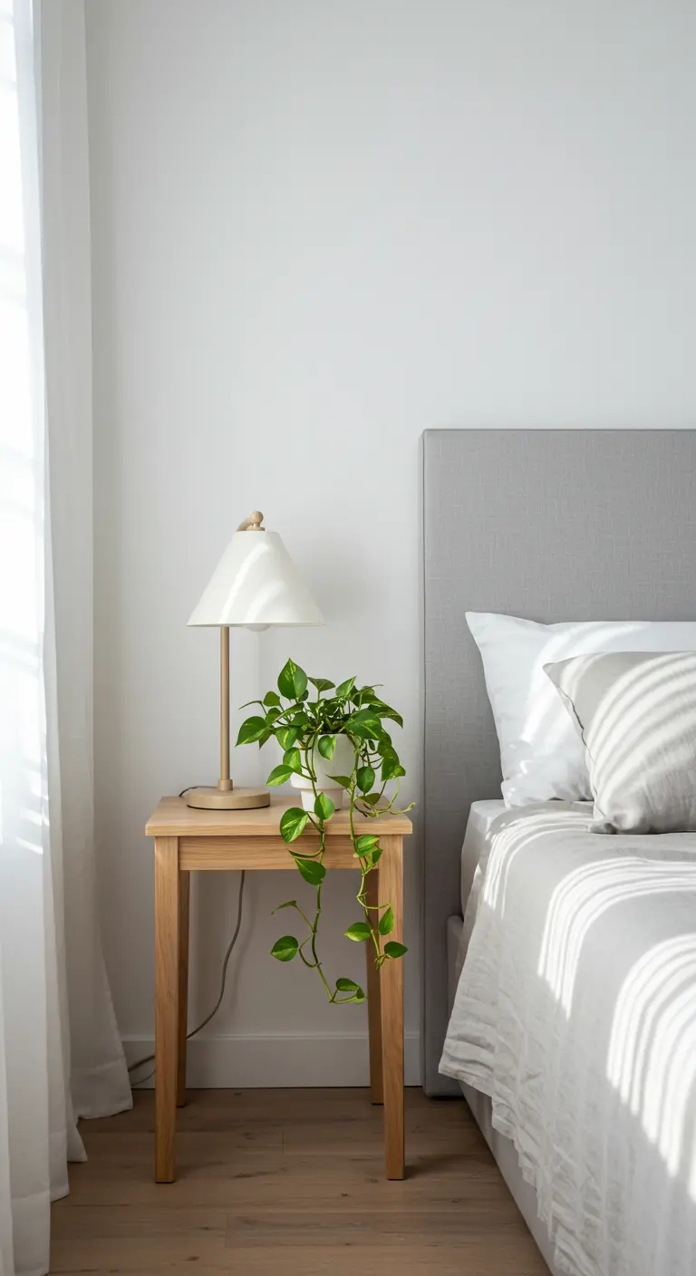 Mesita de noche de madera con una lámpara blanca y una planta pothos colgante.