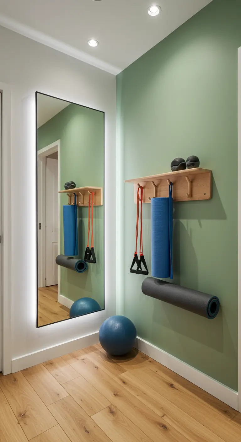Rincón de gimnasio en un pasillo con espejo grande, perchero para material y esterillas.