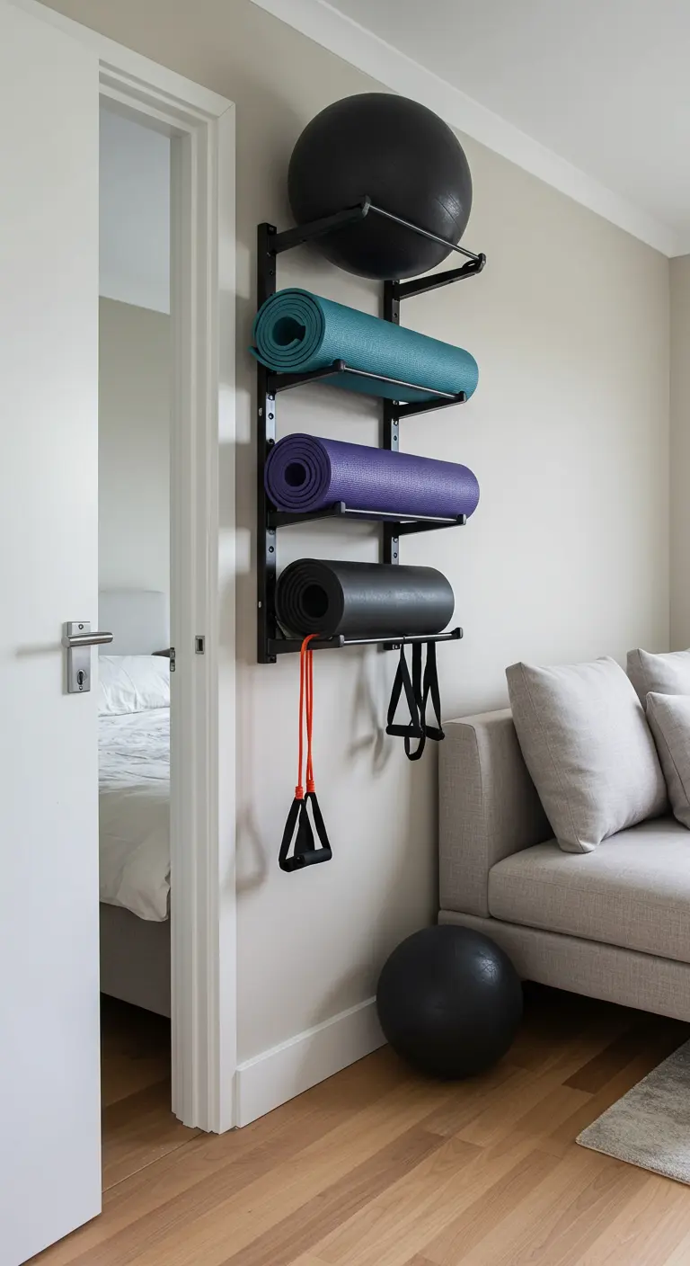 Estantería de pared negra con esterillas de yoga, pelota de ejercicio y bandas de resistencia.