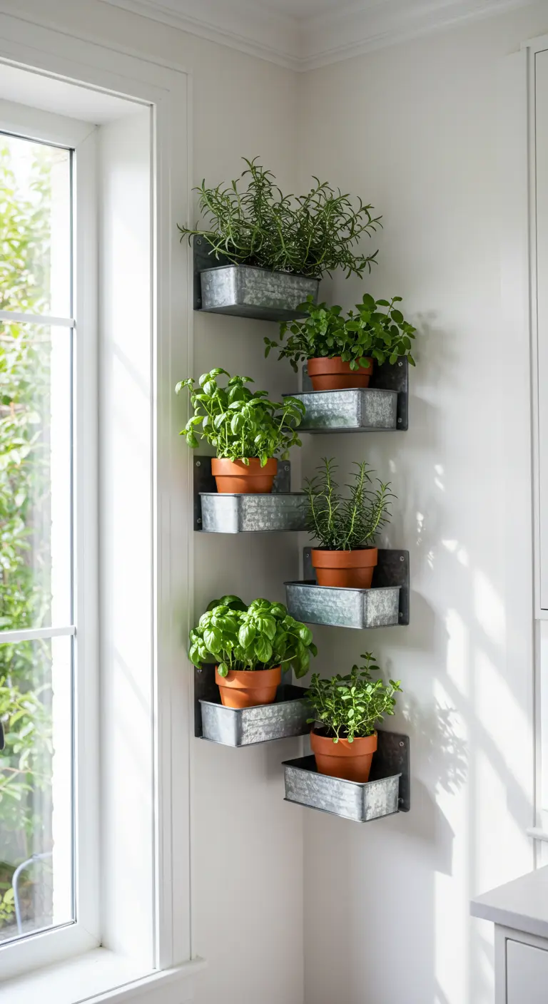 Pequeñas estanterías escalonadas con macetas de hierbas aromáticas junto a una ventana