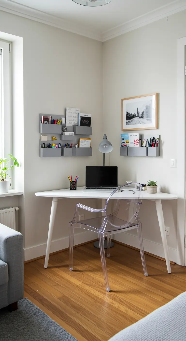Escritorio esquinero blanco con una silla transparente creando un pequeño espacio de oficina en casa.