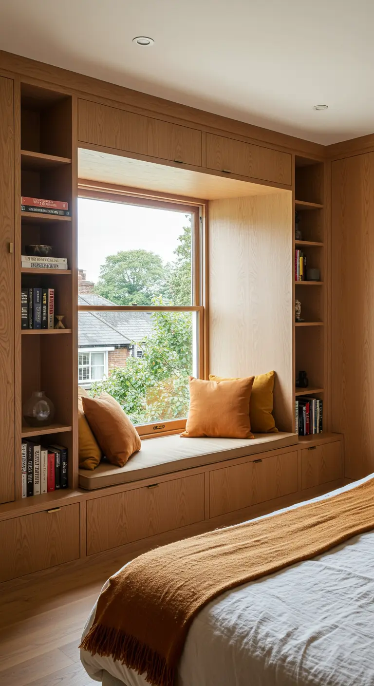 Dormitorio con un rincón de lectura en un banco bajo la ventana y estanterías de madera.