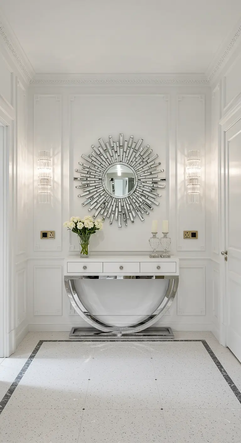 Recibidor blanco con espejo tipo sol, consola cromada y apliques de cristal elegantes