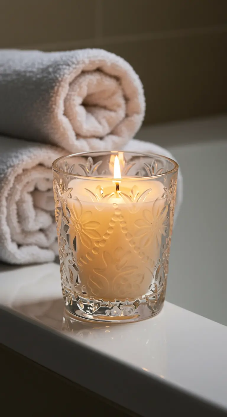 Vela encendida en un vaso de cristal con un grabado de flores, junto a toallas blancas