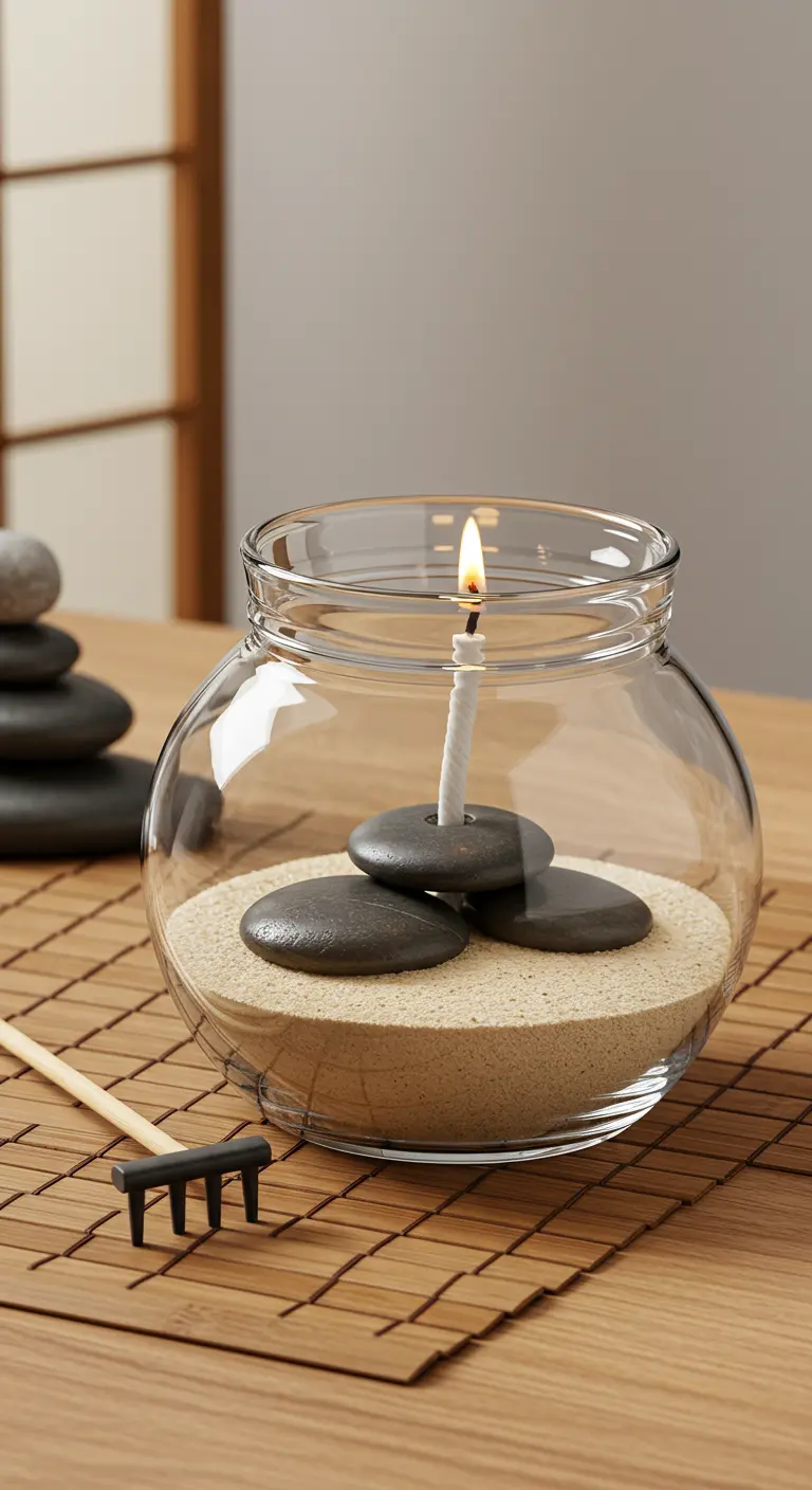 Un frasco de vidrio redondo con arena y piedras de río que sostienen una vela, creando un mini jardín zen.