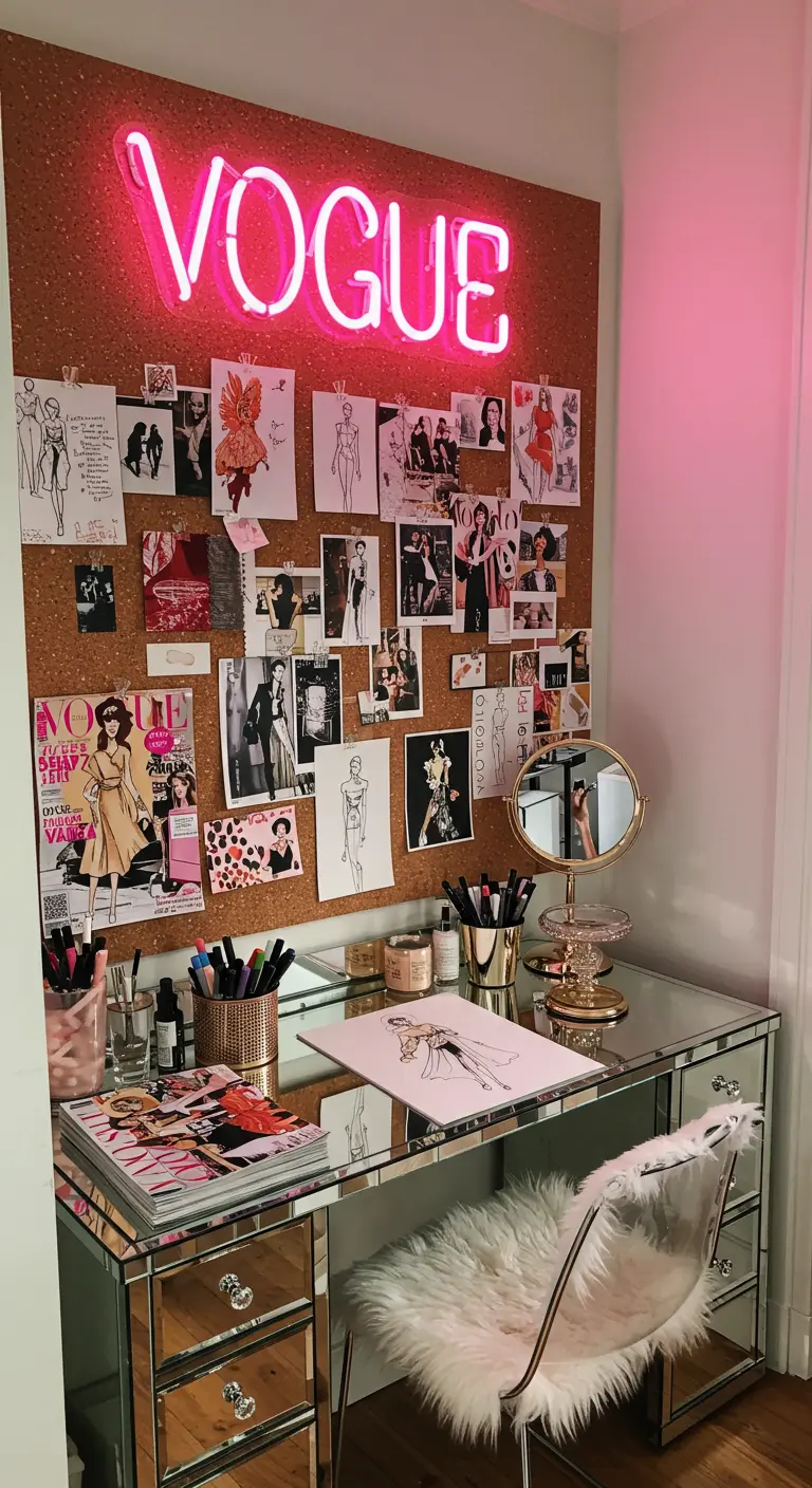 Escritorio de moda con tablero de corcho, bocetos y un neón rosa 'VOGUE'.