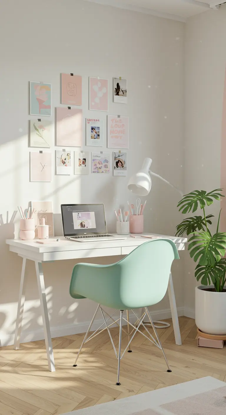Escritorio blanco con silla de diseño verde menta y una pared decorada con láminas en tonos pastel.
