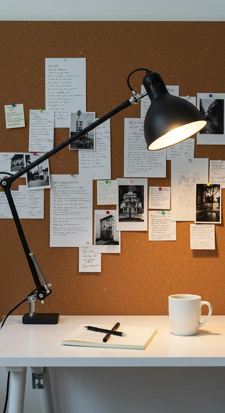 Escritorio blanco con una gran pared de corcho llena de notas y fotos.