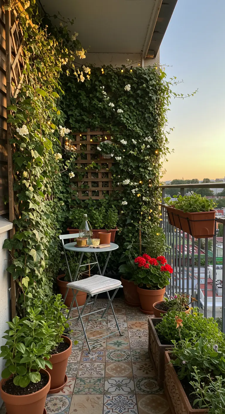 Balcón acogedor con enredaderas en un enrejado de madera, macetas y una mesita al atardecer.