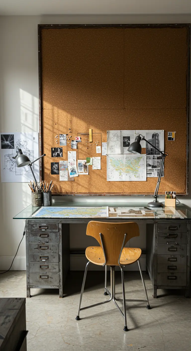 Escritorio industrial con una pared entera cubierta de corcho como un gran tablero de inspiración.