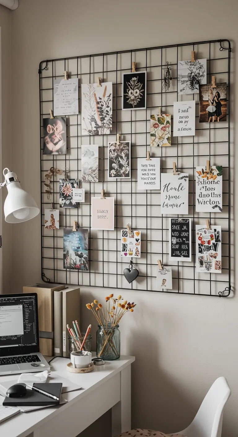 Rejilla metálica negra colgada en la pared sobre un escritorio, con fotos y tarjetas sujetas con pinzas.
