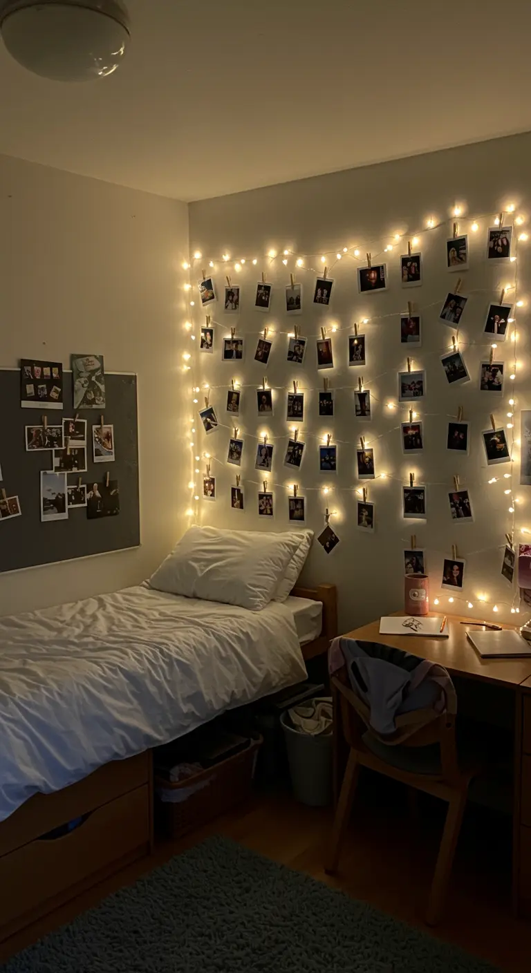 Pared de dormitorio decorada con una cortina de luces cálidas y fotos polaroid colgadas.