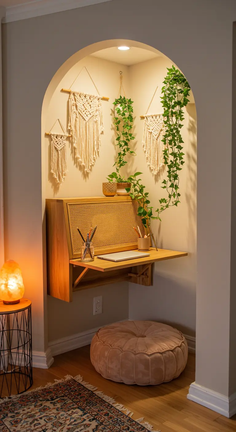 Escritorio plegable de madera y ratán en un nicho arqueado, con decoración de macramé y plantas.