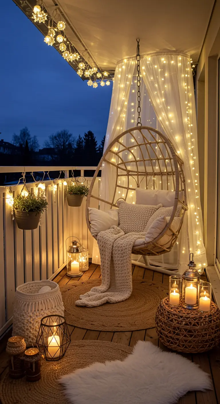 Rincón bohemio con silla colgante de mimbre, textiles y cascada de luces cálidas.