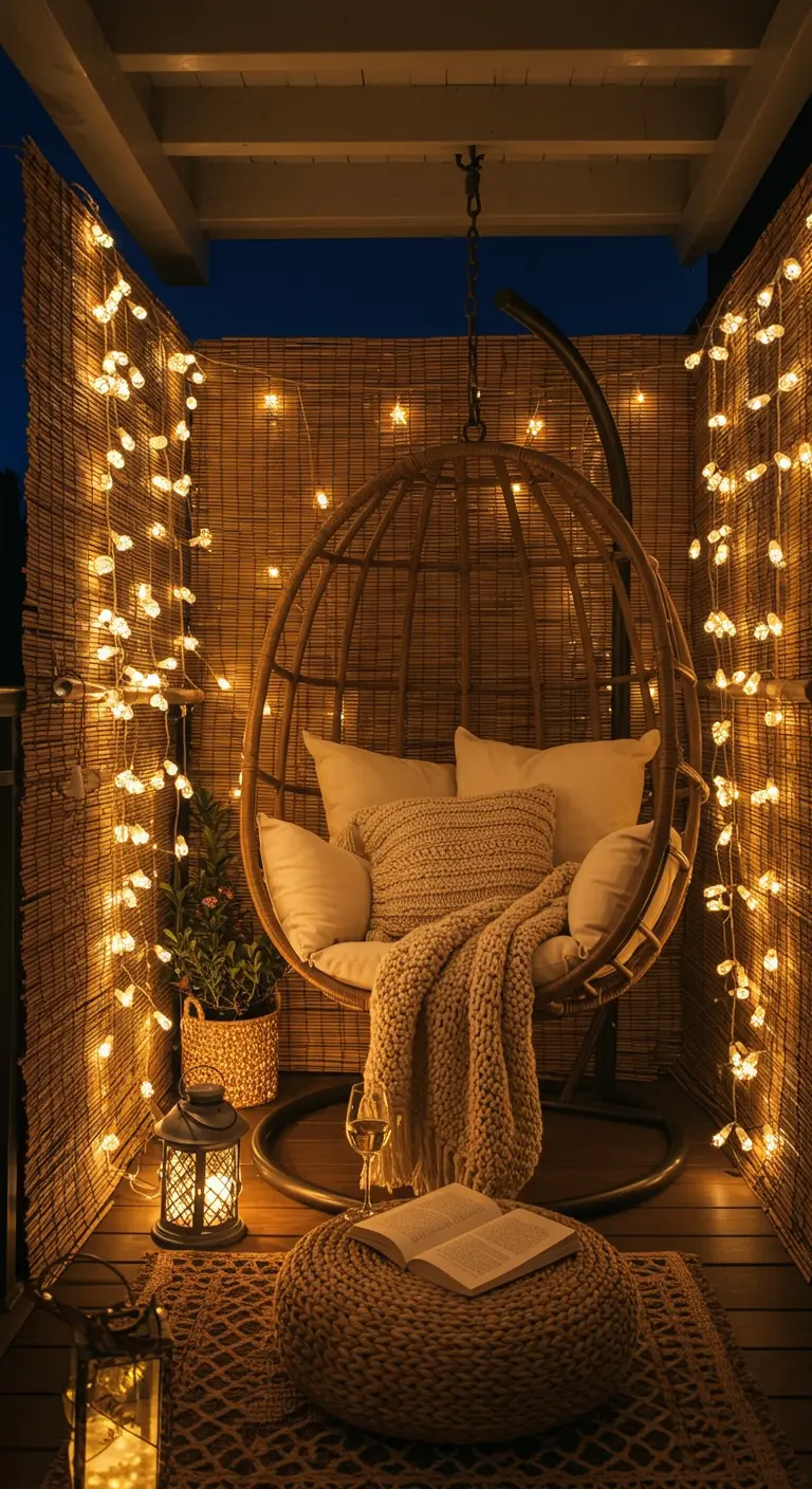 Balcón con un sillón colgante de mimbre, rodeado de cortinas de luces y esteras de bambú.