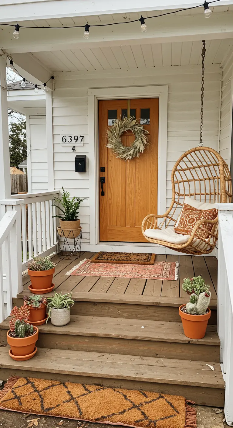 Porche blanco con silla colgante de ratán, alfombras boho y macetas de terracota