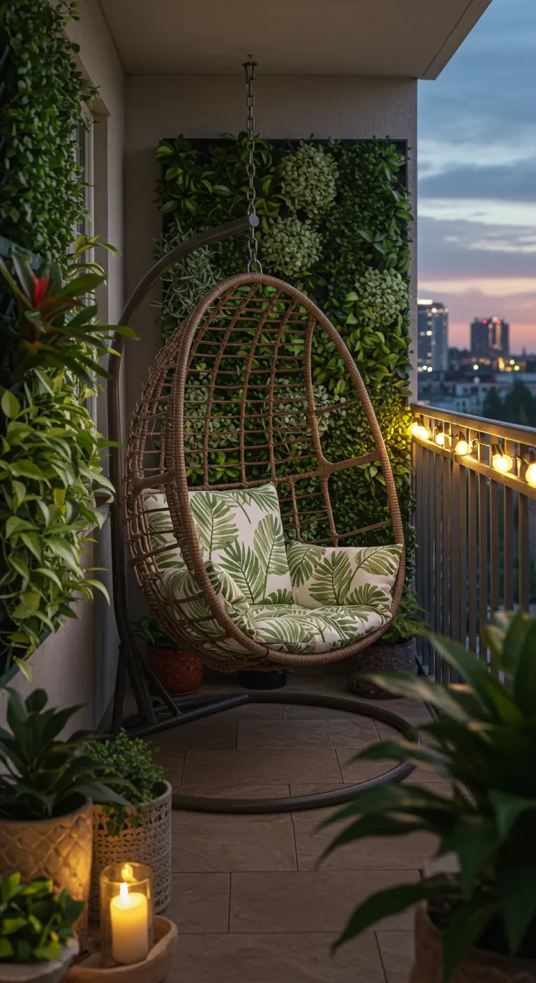 Silla colgante de mimbre en un balcón con un jardín vertical y luces cálidas.