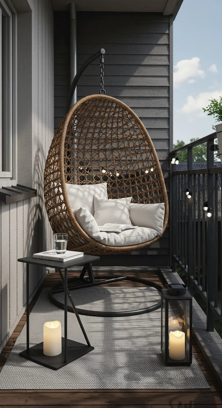 Balcón con una silla colgante de mimbre, cojines blancos, alfombra gris y farolillos con velas.