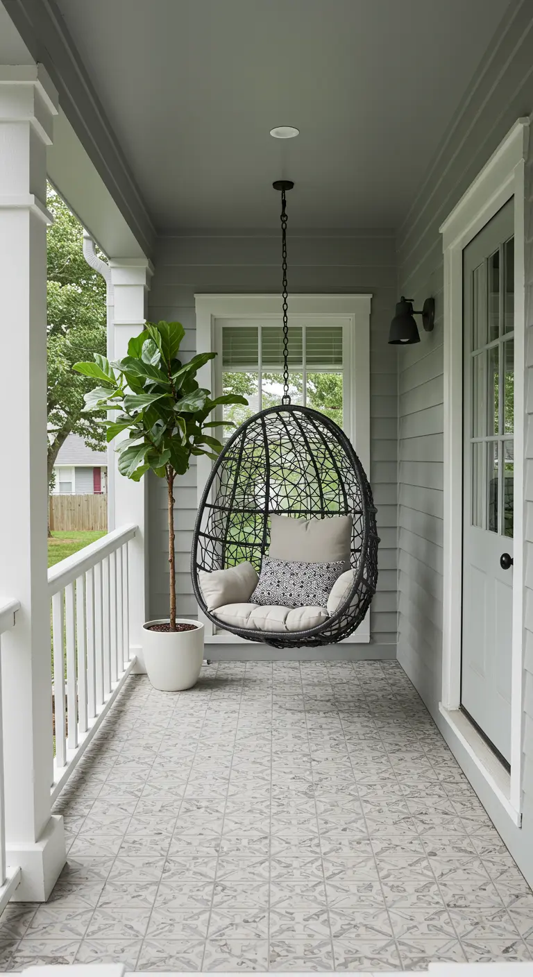 Porche con un moderno sillón colgante negro, cojines claros y una gran planta de Ficus Lyrata.