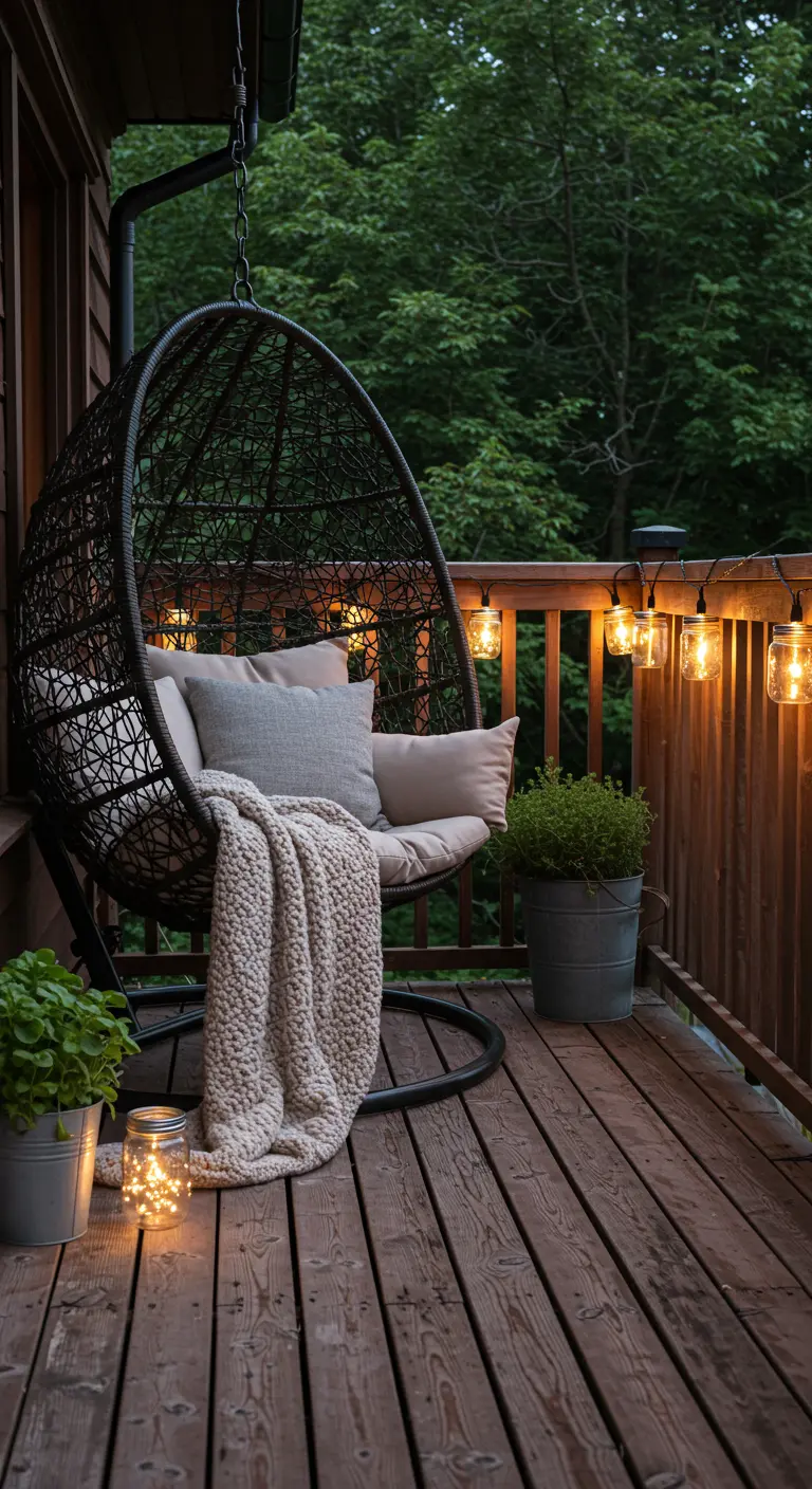 Silla colgante de mimbre en un porche de madera, decorada con cojines y luces cálidas.