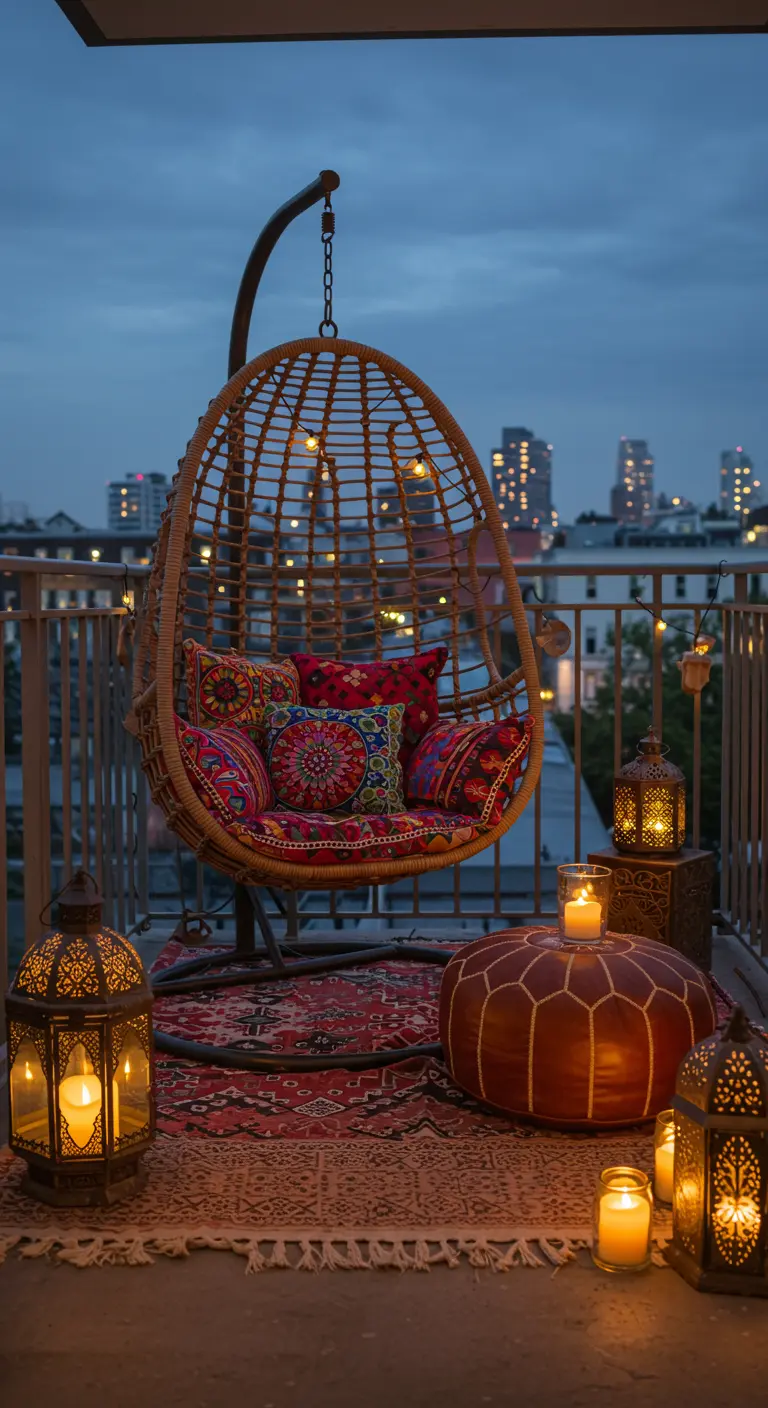 Balcón bohemio con silla colgante de mimbre, farolillos y cojines étnicos al atardecer.