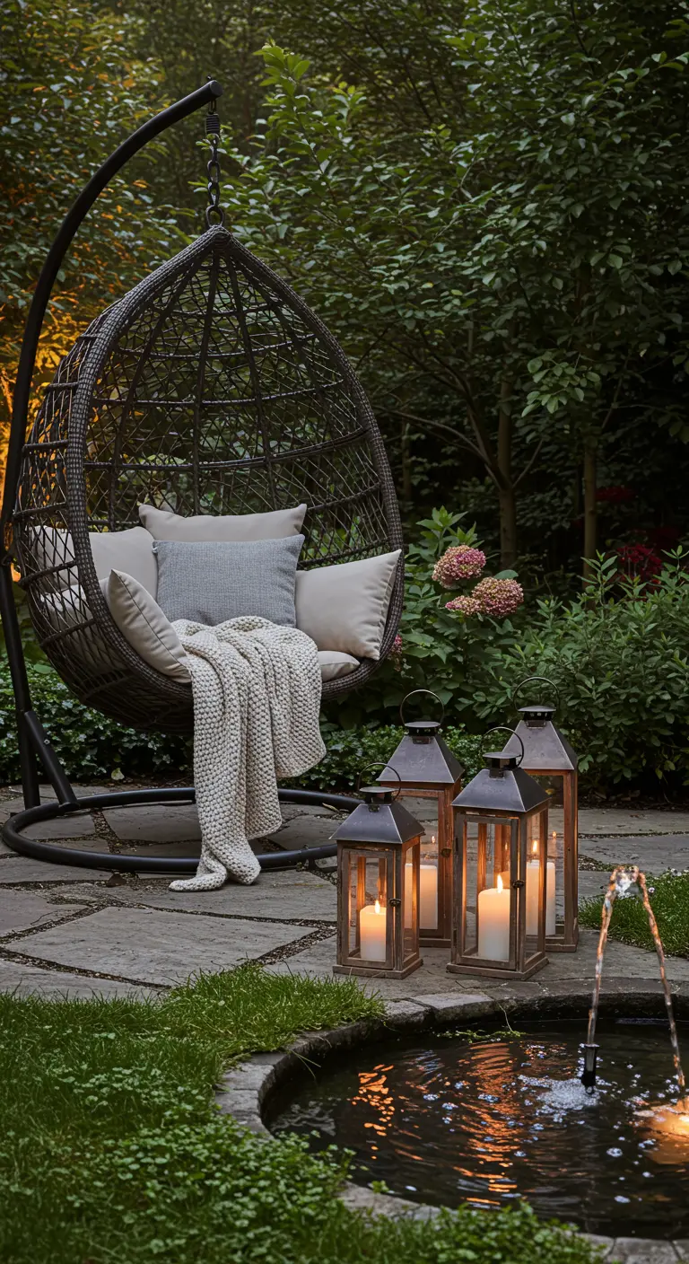 Sillón colgante de mimbre junto a un pequeño estanque, con una manta y varios faroles de madera.