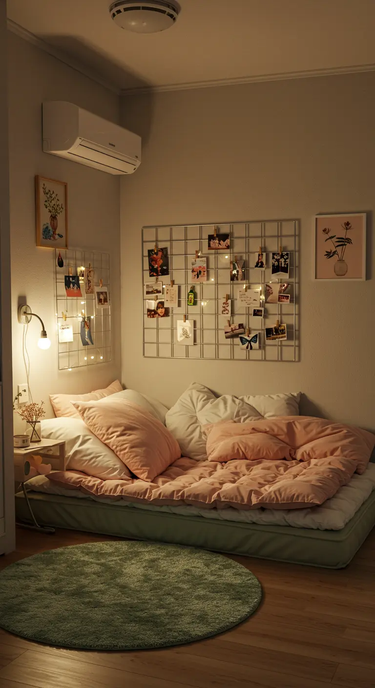 Cama baja con cojines rosas, una pared con rejillas metálicas llenas de fotos y luces cálidas.