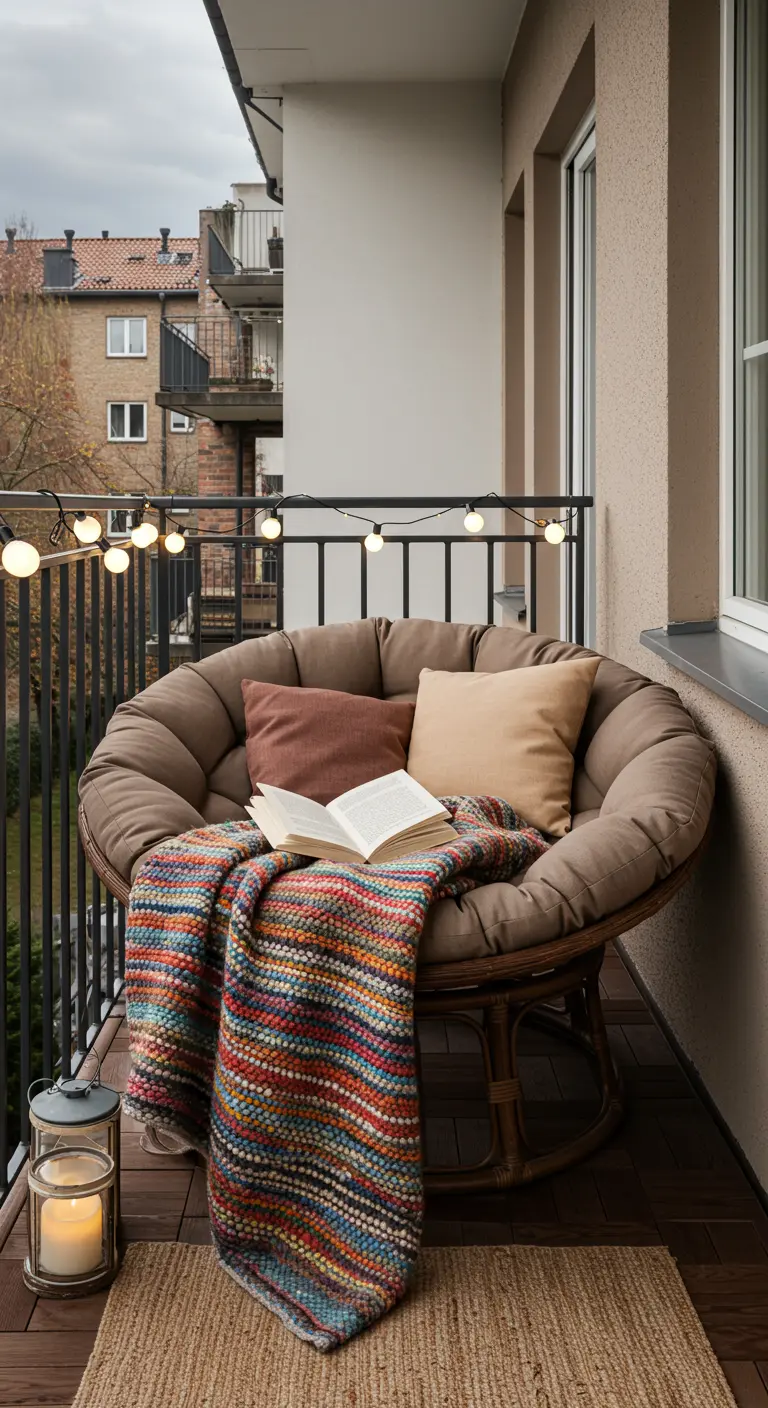 Balcón pequeño con una silla papasan redonda, cojines y una manta de rayas de colores.