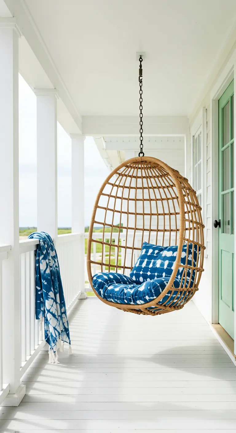 Silla colgante de mimbre con cojín y manta teñidos con la técnica Shibori en azul índigo.